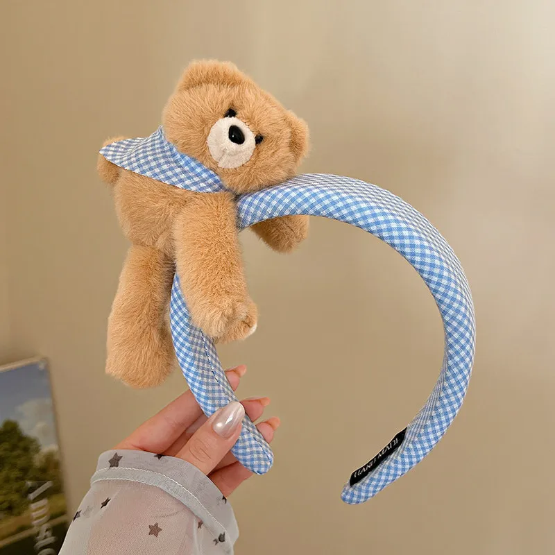 Cute Plaid Plush Lying Bear Headband for Women – Summer Face Washing Spa Hair Hoop, Adorable Photo Prop Headwear with Teddy Bear Decor, Pretty Hair Accessory